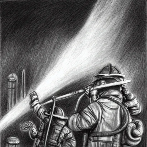 Image similar to Firefighters extinguish the fire. Fantasy. Pencil drawing