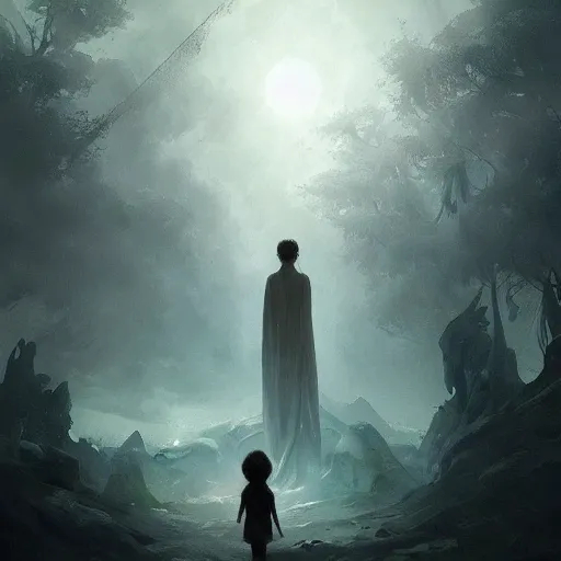 Image similar to a beautiful terrifying pale humanoid giant looms over a tiny human. ethereal fantasy art by greg rutkowski