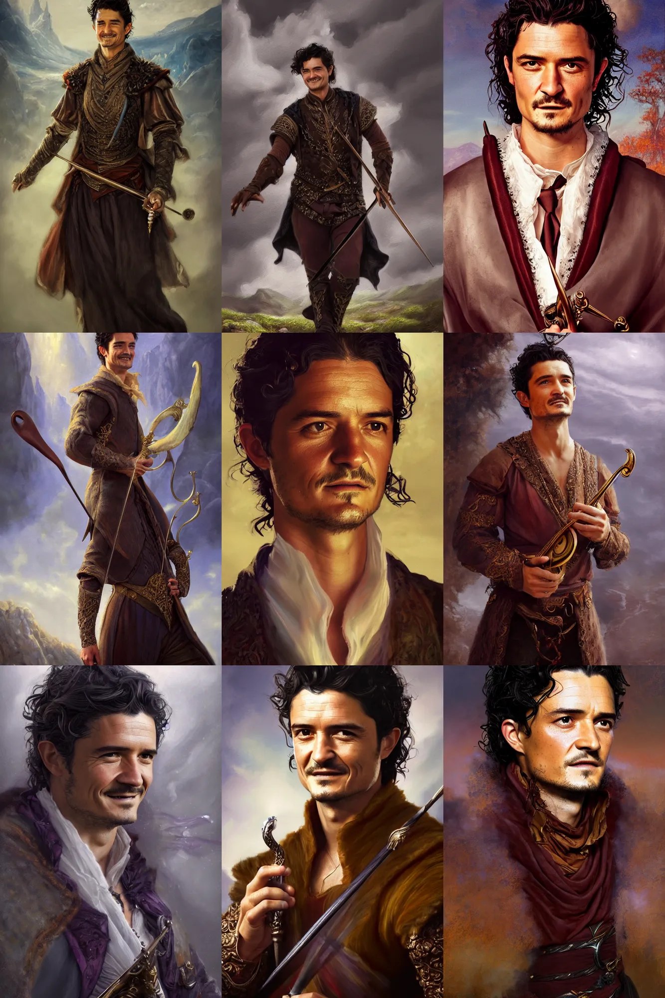 Image similar to a full body high detail fantasy portrait oil painting illustration of orlando bloom as an elegant male bard by justin sweet with face and body clearly visible, in a scenic background, striking eyes, realistic proportions, d & d, rpg, forgotten realms, artstation trending, high quality, sombre mood, artstation trending, muted colours, entire person visible!