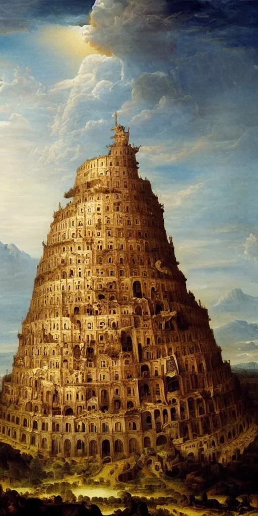 Image similar to baroque oil painting of : the elaborate ornate “ tower of babel ” is extremely tall and rises high above the mountains and the clouds all the way to heaven with golden rays of sunlight. photorealistic historical art with many small details ; heavenly ; majestic ; glorious ; beautiful.