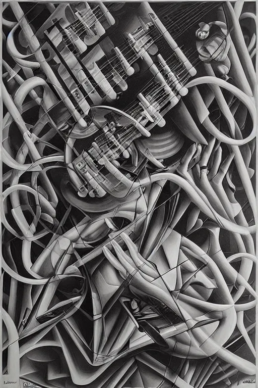 Prompt: music inspires my soul. by mc escher, hyperrealistic photorealism acrylic on canvas