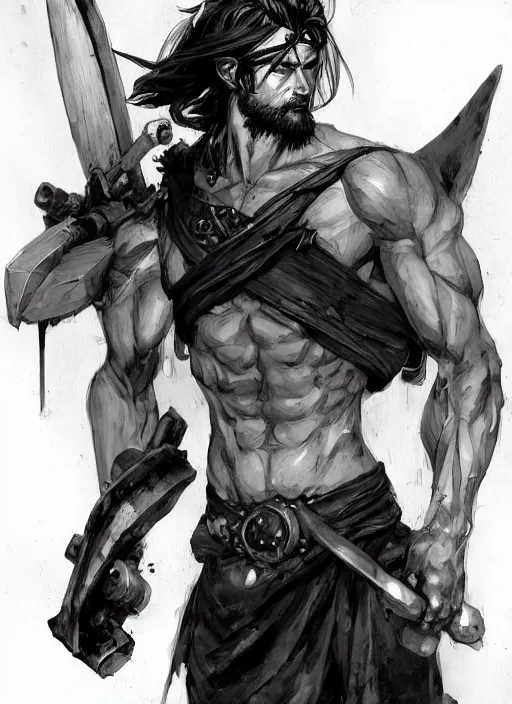 Image similar to Half body portrait of a handsome elven blacksmith, muscular body, blacksmith apron, working at the forge. In style of Yoji Shinkawa and Hyung-tae Kim, trending on ArtStation, dark fantasy, great composition, concept art, highly detailed, dynamic pose.