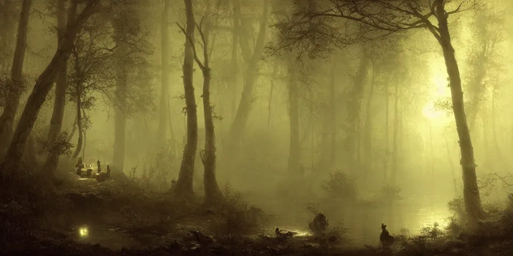 Prompt: [ a dark scene of a dense forest at night with a gentle stream through it, moonlight through trees, volumetric light and mist, fog, deer drinking from the stream ], andreas achenbach, artgerm, mikko lagerstedt, zack snyder, tokujin yoshioka