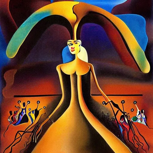 Image similar to Carmen sings beautifully, mesmerizing a crowd and shattering worlds- contest-winning artwork by Salvador Dali