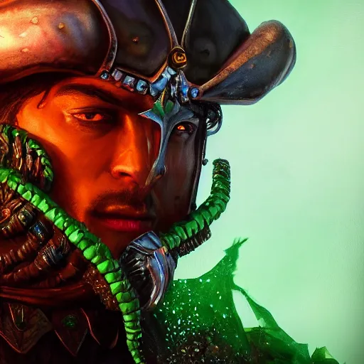 Image similar to an oil art close up portrait of young man, roma dark paladin, with lovecraftian green magic in style of dark souls character, gipsy man jester character design from ravenloft, 4 k, ultra detail, volumetric lighting, unreal engine, octane render