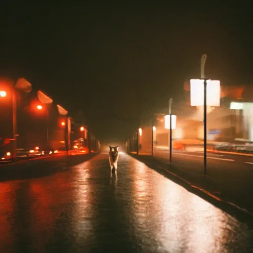 Image similar to bridge of san francicso photography,night,rain,mist, cute little anthropomorphic cat wearing a suit back from work, cinestill 800t, in the style of William eggleston