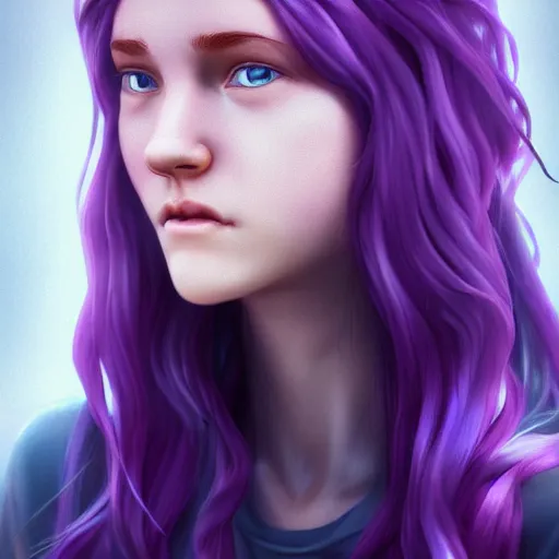 Image similar to Abigail from stardew valley, purple hair, blue eyes, portrait, cgsociety, realistic, highly detailed, sublime, 16k, smooth, sharp focus, trending on ArtStation, hyperdetailed, volumetric lighting