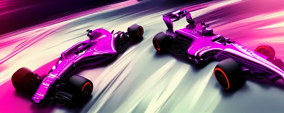 Image similar to abstract illustration of a formula one car, synthwave, purple and pink, motion blur, light streaks, octane render