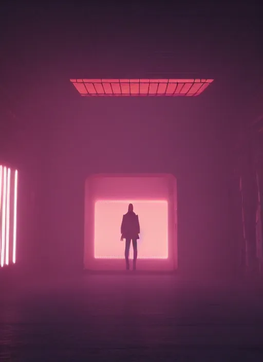 Image similar to a bright silhouette hovers above the ground inside of a hall. liminal, cozy, bladerunner 2 0 4 9 set design by alessandra querzola ( 1 9 8 8 )