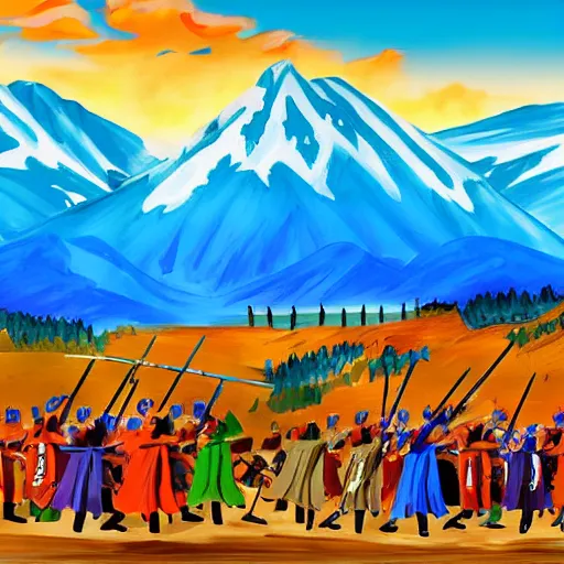 Image similar to colorful simple wideshot of a medieval battle in front of a beautiful blue mountainscape, painting