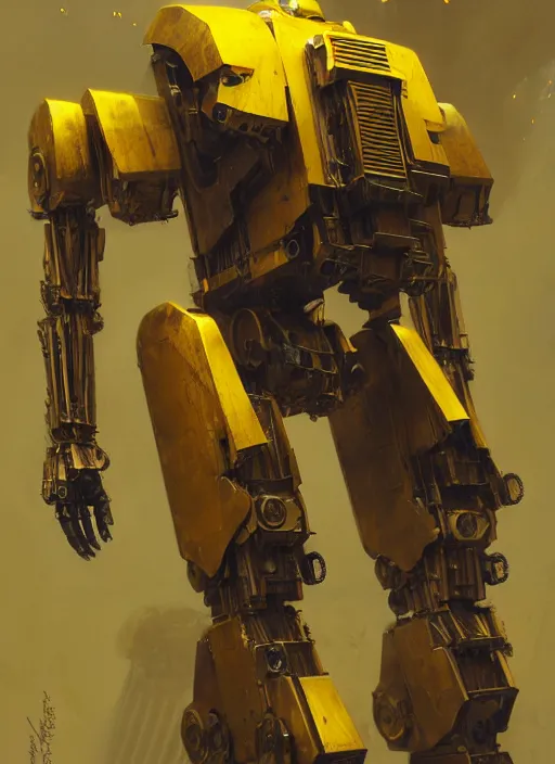 Image similar to human-sized strong intricate yellow pit droid, pancake flat head, exposed metal bones, painterly humanoid mecha, full body, sharp focus, by Greg Rutkowski