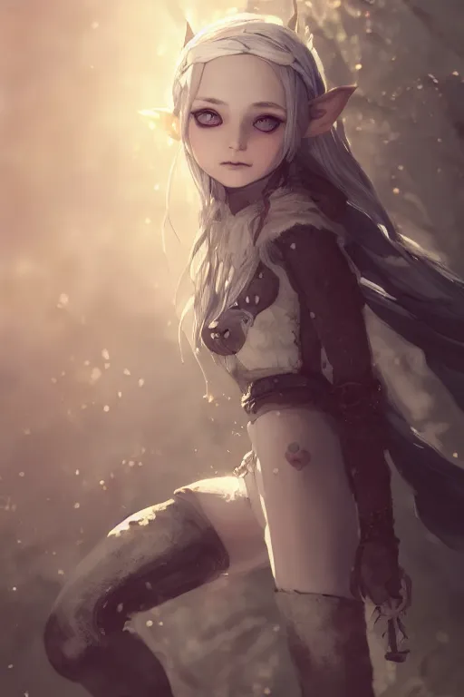 Prompt: highly detailed portrait of a young elf medevial girl with a wavy silver hair, pointy elf ears, cute freckles, cinematic lighting, dramatic atmosphere, by Dustin Nguyen, Akihiko Yoshida, Greg Tocchini, Greg Rutkowski, Cliff Chiang, 4k resolution, nier:automata inspired, bravely default inspired, magical fairy background