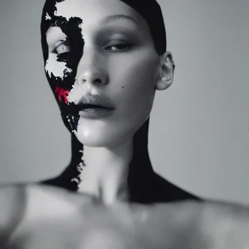 Image similar to bella hadid as maison margiela model on rammstein show. exposure. mysterious. tape photo. processing. lost photo. deep dream effect. award wining photography.. perfect composition. photography masterpiece. contemporary art. abstract photo