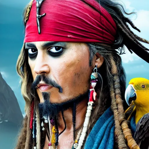 Image similar to jack sparrow with a parrot on the shoulder, realistic portrait, 8k resolution, hyper detailed, studio lighting, cinematic, sharp