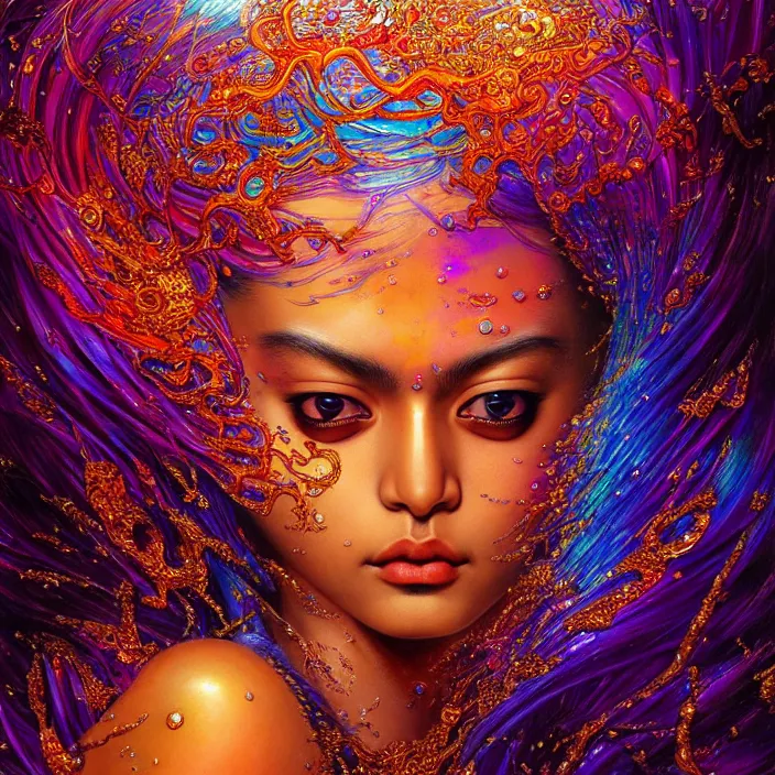 Prompt: ultra detailed illustration of a angry indian anime girl, skin covered in a sea of iridescent liquid, chrome metal material, lost in a dreamy oriental realm by Karol Bak, Moebius, hiroshi yoshida, Druillet, xsullo, colorful, front view, vivid colors, 8k, coherent, anime vibes, uplifting, magical composition, artstation, synthwave, 8k, coherent, artgerm, uplifting, unreal engine, magical composition, artstation