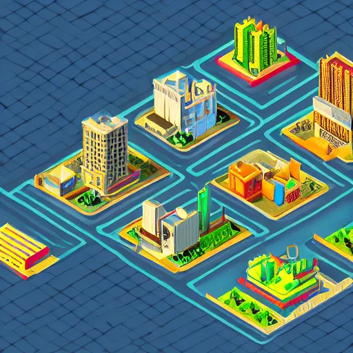 Prompt: Isometric game, 4k, dramatic lighting, unreal engine, fake city for nuclear tests, bright colors