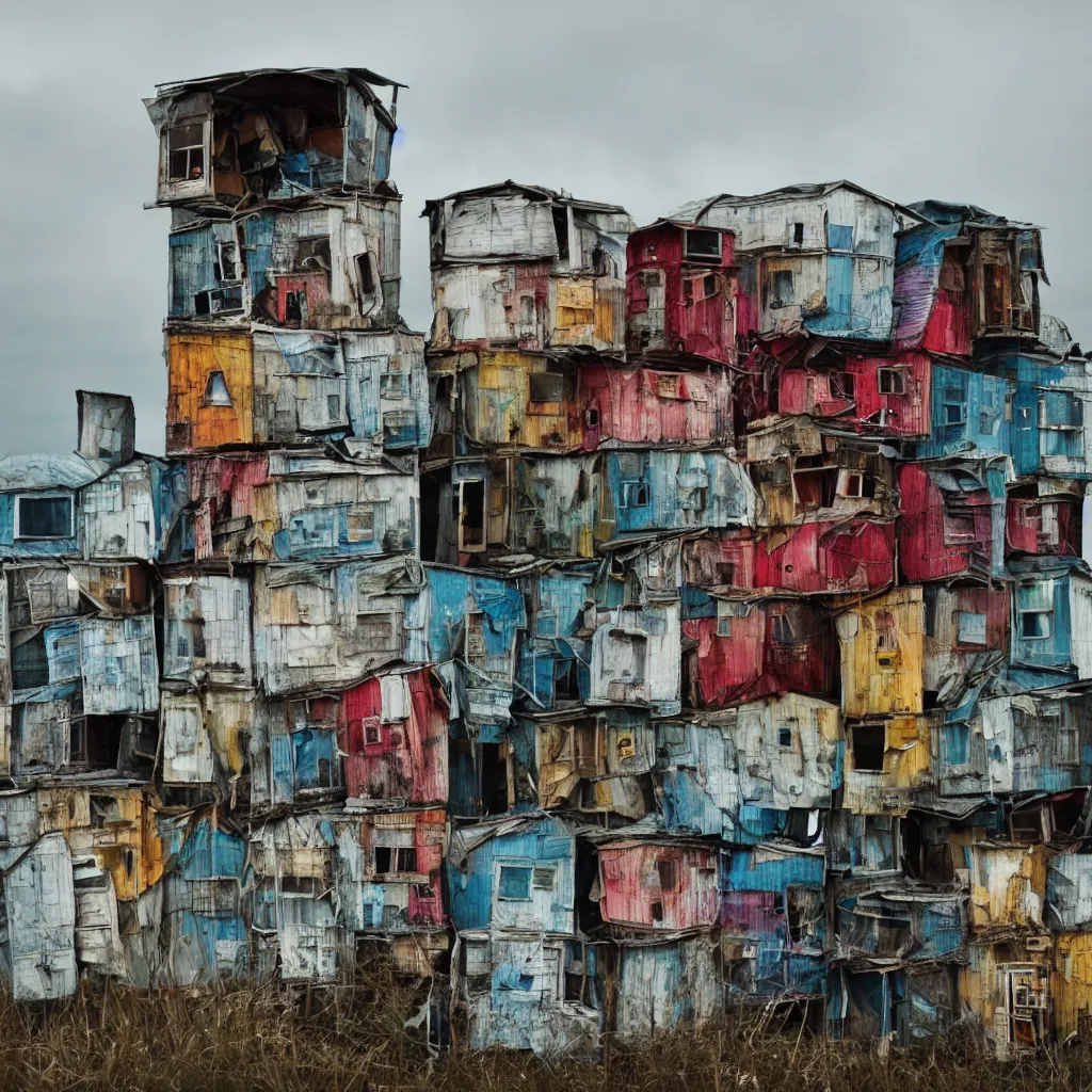 Prompt: close - up view of a tower made up of colourful makeshift squatter shacks, bleached colours, moody cloudy sky, dystopia, mamiya, very detailed, photographed by cristina de middel