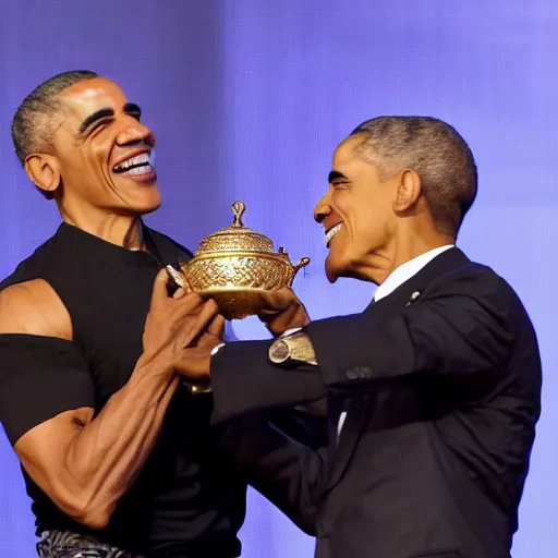 Prompt: Azis Shavershian flexing over Barrack Obama whilst holding a golden cup