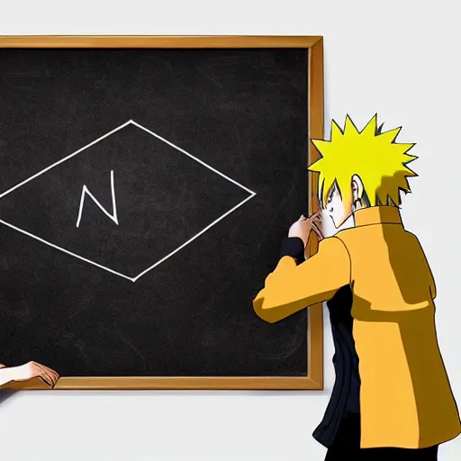 Prompt: Naruto solving quantum gravity on an blackboard, photograph, circa 2050