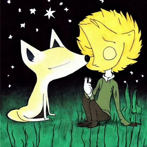 Image similar to the little prince talking to the fox, art by tim burton, corpse bride art style