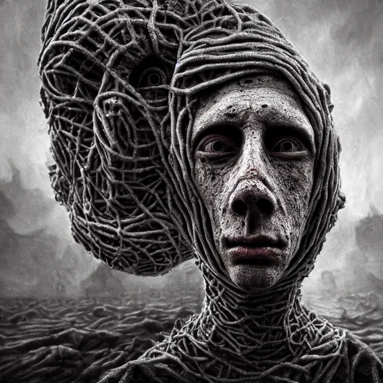 Image similar to ribbed man face portrait, covered with tubes, baroque painting, standing in a desolate empty wasteland, creepy, nightmare, dream-like heavy atmosphere, surreal abandoned buildings, beautiful detailed intricate insanely detailed octane render trending on Artstation, 8K artistic photography, photorealistic, chiaroscuro, Raphael, Caravaggio