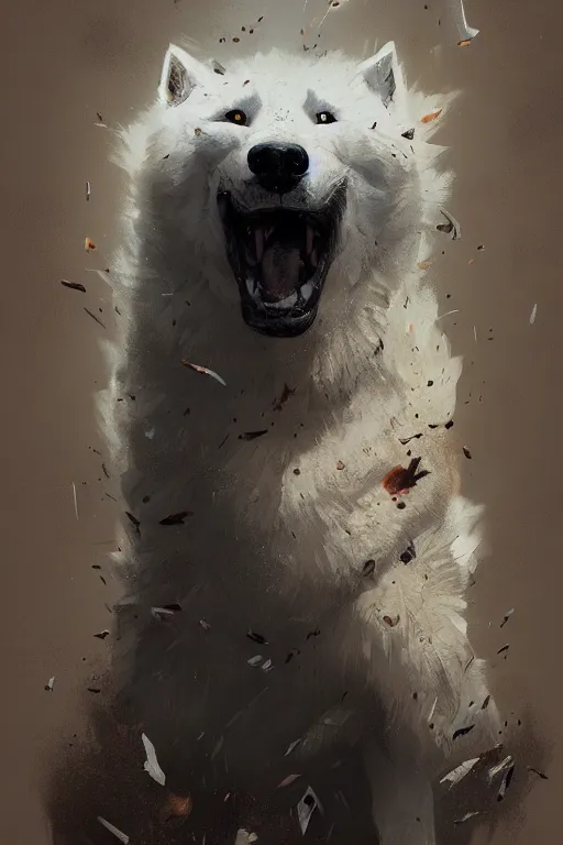 Image similar to comic book cover. heroic samoyed dog by greg rutkowski, trending on artstation