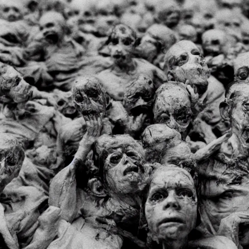 Prompt: group of deformed irradiated people with acute radiation sickness flaking, melting, rotting skin wearing 1950s clothing background a 1950s nuclear wasteland. Photo is black and white award winning photo highly detailed, highly in focus, highly life-like, facial closeup taken on Arriflex 35 II, by stanley kubrick