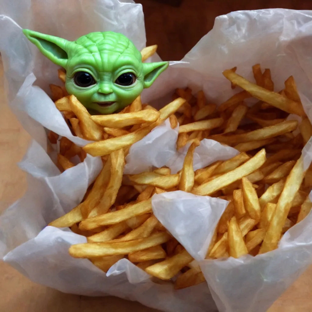 Image similar to baby yoda inside a bag of french fries