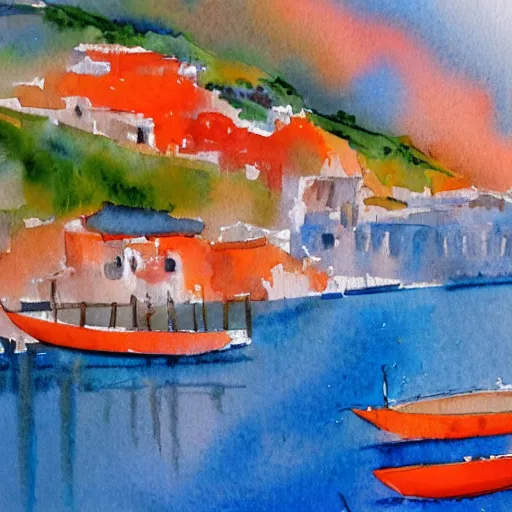 Image similar to A dreamy watercolor of an italian harbor, blue and orange palette