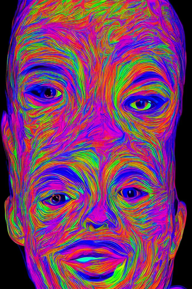 Image similar to hollow face portrait, stunning psychedelic background