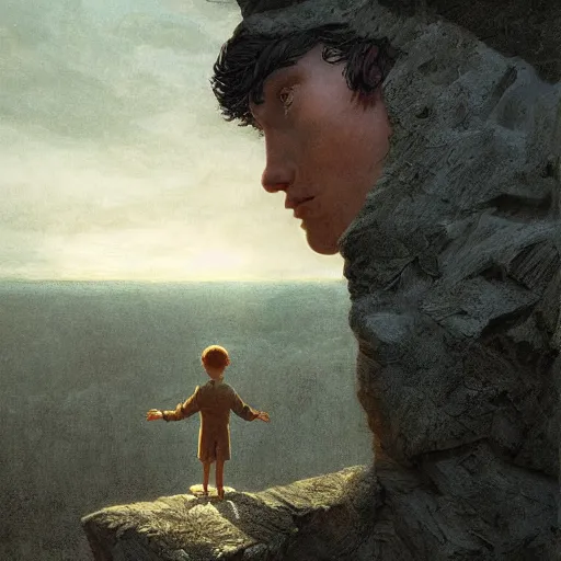 Prompt: a boy looking down in grief, Graceful body structure,cute,Symmetrical face,highly detailed,elegant,Marc Simonetti and Caspar David Friedrich, Trending on artstation,depicted as a Scene from a movie,cinematic lighting