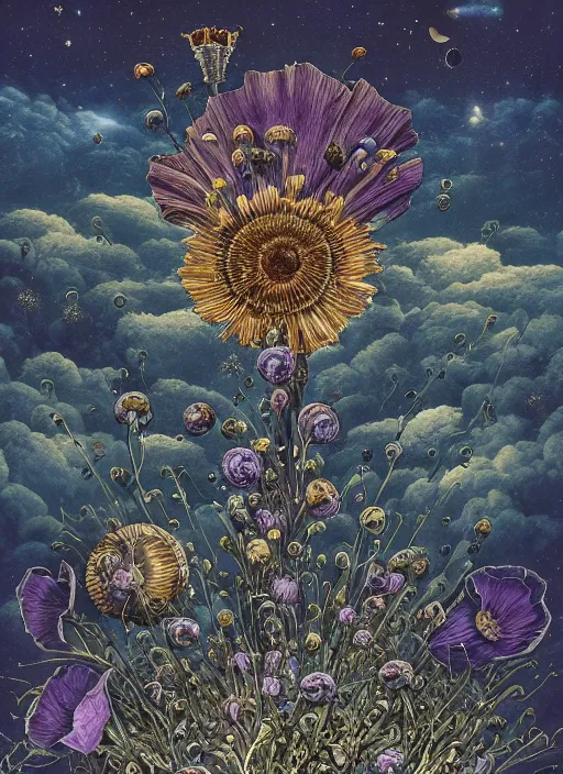 Image similar to detailed, intricate blue black and purple papaverum flower on the field, nebula, galaxy in the sky, winning award masterpiece, fantastically beautiful, illustration, aestheticly inspired, jacek yerka, upscale with anguissola sofonisba work, artstation, 8 k