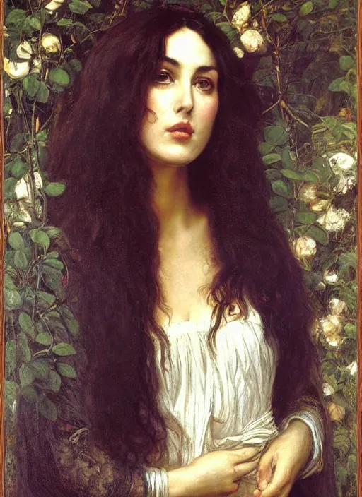 Image similar to a beautiful painting of monica bellucci by John Everett Millais and Dante Gabriel Rossetti and John Collier and john william waterhouse, pre-raphaelite, detailed, trending on artstation, hd, masterpiece