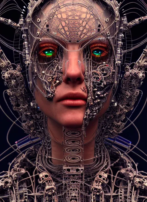 Image similar to timeless cybernetic deity with circuitry skin and networked mind tripping on acid, intricate detail, royo, whealan, giger, klimt, hd, octane render, unreal engine,