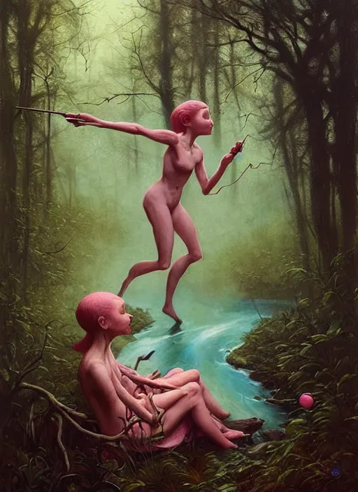 Image similar to bubblegum in the woods by a stream, river gorgeous lighting, lush forest foliage blue sky a hyper realistic painting by chiara bautista and beksinski and norman rockwell and greg rutkowski, tom bagshaw weta studio, and lucasfilm