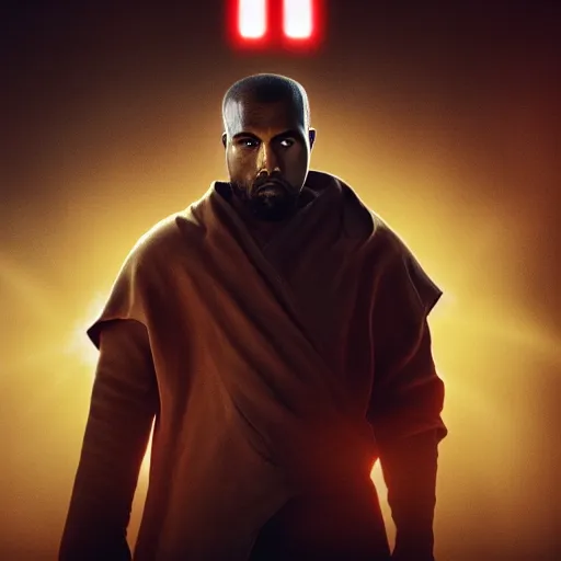 Image similar to Portrait of Kanye West as a jedi in Star Wars, splash art, cinematic lighting, dramatic, octane render, long lens, shallow depth of field, bokeh, anamorphic lens flare, 8k, hyper detailed, 35mm film grain