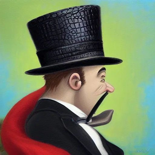 Image similar to “a crocodile wearing a top hat and monocle, dapper, highly detailed, oil on canvas”