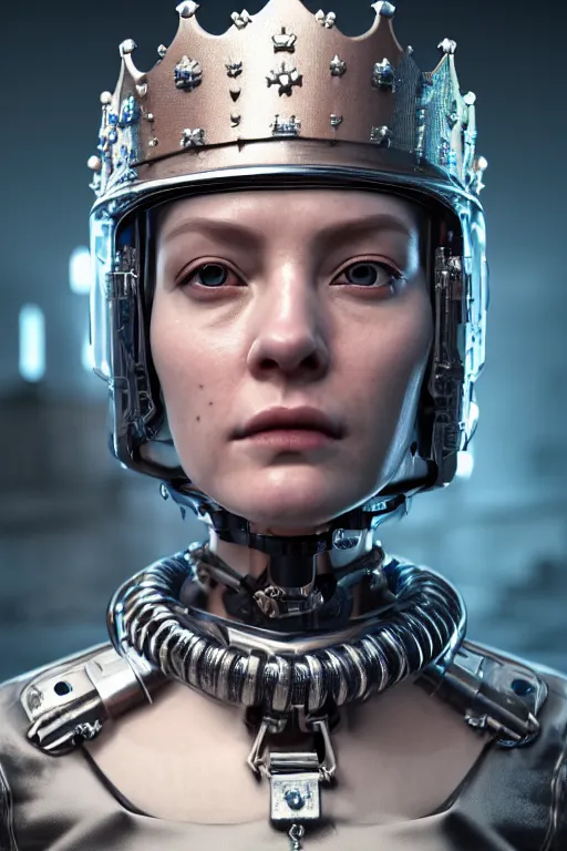 Image similar to 3 / 4 portrait, queen emma, crown, transparent skin, hyperrealism, detailed textures, photorealistic, 3 d cyberpunk apocalyptic city, futuristic clothing and helmet, ultra realistic, cinematic, intricate, cinematic light, unreal engine 8 k, octane render, unreal engine by david kostic and stanley lau and artgerm