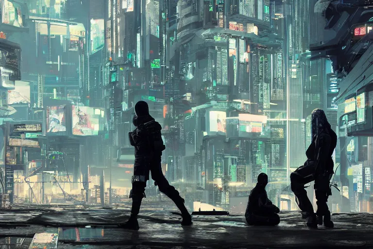 Image similar to cyberpunk hackers in high tech compound by Emmanuel Lubezki