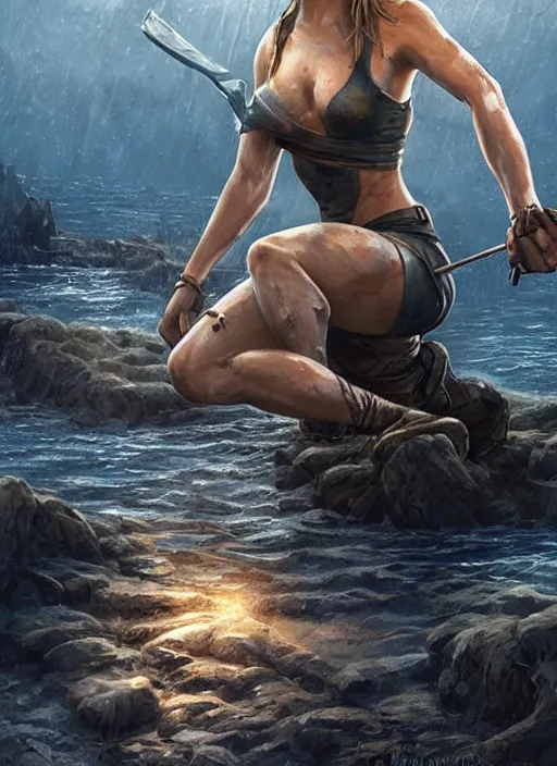 Prompt: Natalie Dormer as Lara Croft as a ruggedly handsome heroine kneeling next to a glowing artifact lodged in shallow water, intricate, elegant, highly detailed, artstation, concept art, smooth, sharp focus, illustration, bokeh art by artgerm and donato giancola and Joseph Christian Leyendecker, WLOP, fireflies