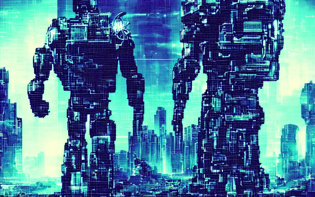 Prompt: cyborg in colossus tower data storage style cyberpunk retrowave william gibson high detalied realistic photo widescreen