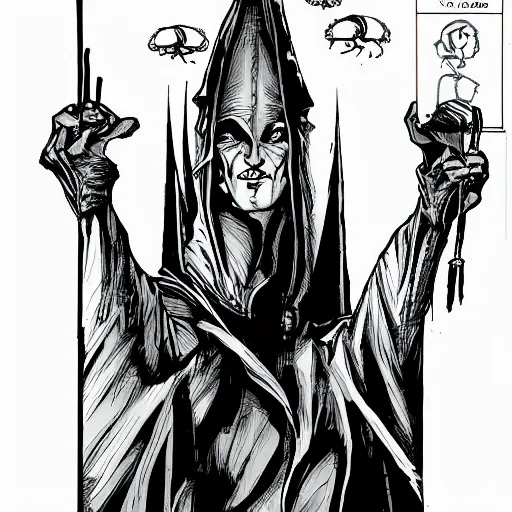 Image similar to dracula on the highest spire of his castle, comic book style, half - tone