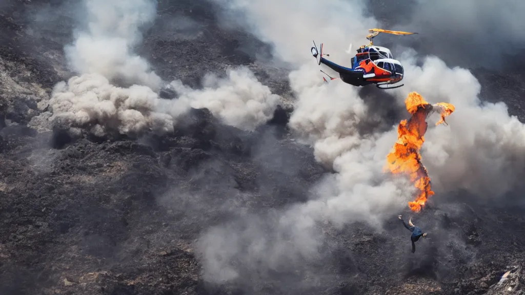 Image similar to person wearing a sponsored team jersey with logos jumping out of a helicopter with a surfboard into a volcano, action shot, dystopian, thick black smoke and fire, sharp focus