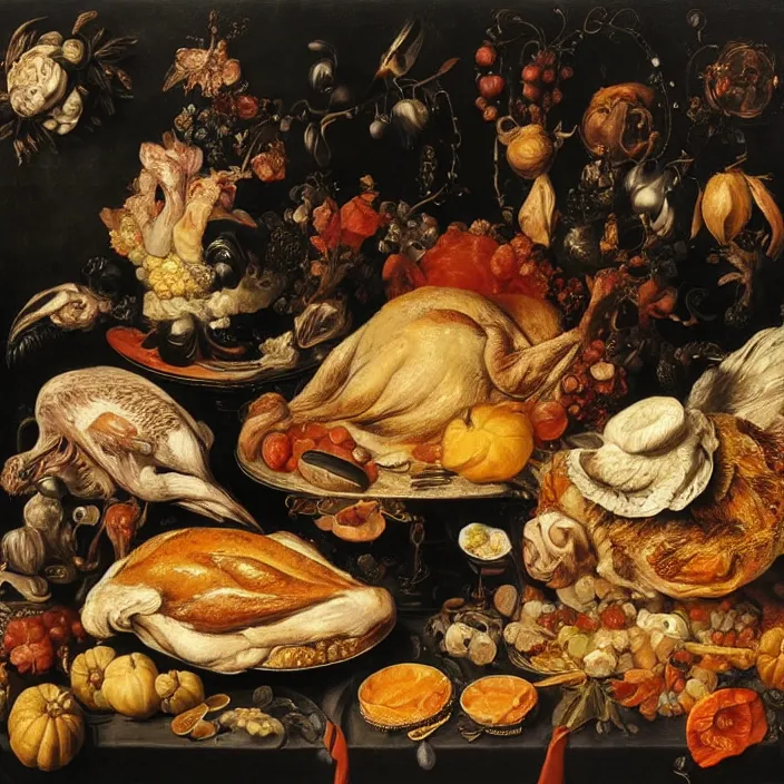 Image similar to victorian thanksgiving feast, black background, vanitas, a flemish baroque by jan davidsz. de heem, a still life by giuseppe arcimboldo, pinterest, rococo, hd, intricate high detail masterpiece