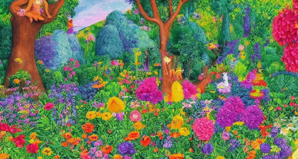 Prompt: bosch painting of a garden using lisa frank colors