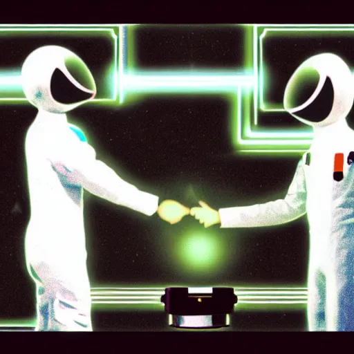 Image similar to a vhs glitch of an alien shaking hands with an astronaut