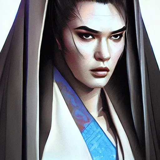 Image similar to steven seagal female, jedi master, wearing the traditional jedi robe, beautiful and uniquely odd looking, detailed symmetrical close up portrait, intricate complexity, in the style of artgerm and ilya kuvshinov, magic the gathering, star wars art