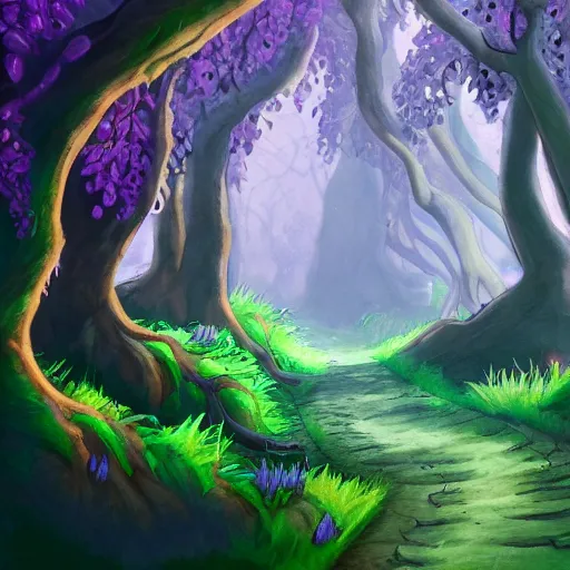 Image similar to wispy woods with purple leaves and otherworldly foliage, a dirt path going down the middle, concept art, detailed, vivid, intricate, 4 k