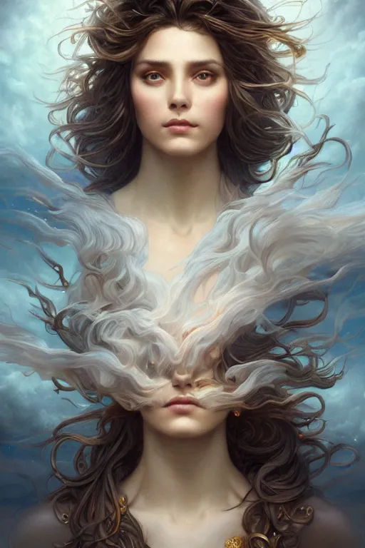 Image similar to wind blowing hair meditation celestial being, dreaming and floating, bust portrait, dnd, fantasy, intricate, elegant, highly detailed, digital painting, artstation, concept art, smooth, sharp focus, illustration, art by artgerm and tom bagshaw and greg rutkowski and alphonse mucha