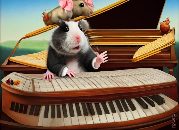 Image similar to a hamster playing piano, lowbrow in the style of camille rose garcia and mark ryden and salvador dali, 8 k, matte painting